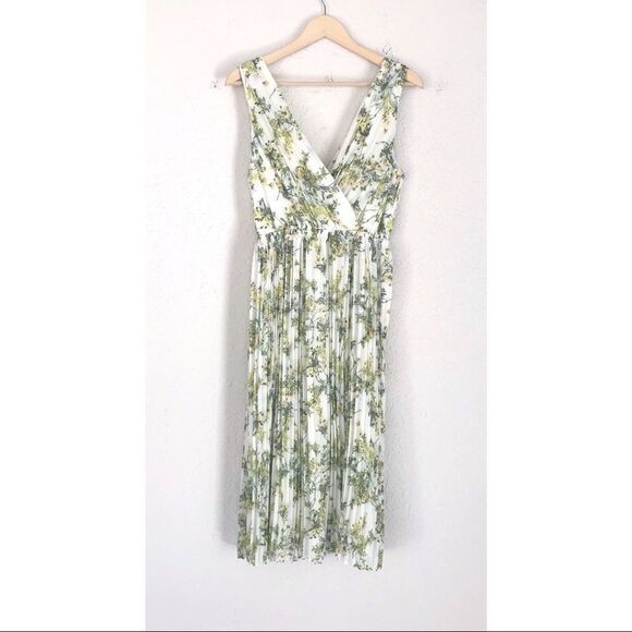 ALEX MARIE Pleated Chiffon Midi Dress Sleeveless V-Neck Green Floral Size 4 - Picture 3 of 14